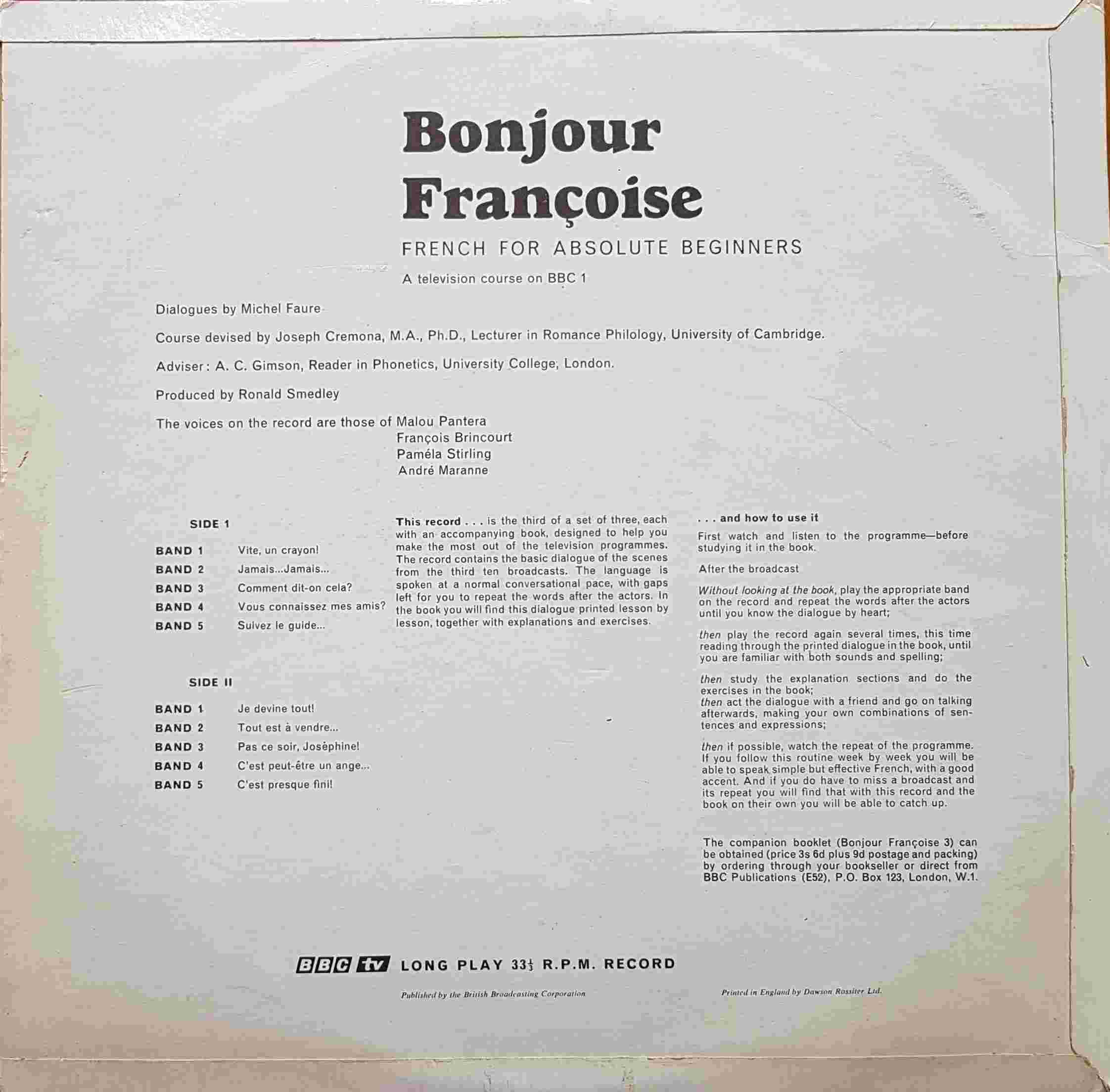 Picture of OP 45/46 Bonjour francoise - French for absolute beginners - Lessons 21 - 30 by artist Michel Faure / Joseph Cremona / A. C. Gimson from the BBC records and Tapes library